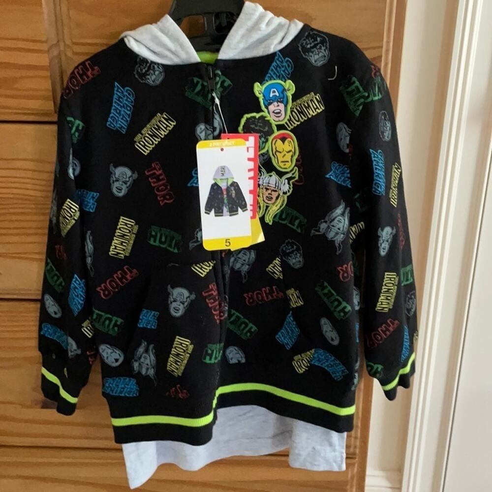 Marvel Kids' Hoodie Jacket and Tee Set sizes 4 New Black Grey Neon Green Nwt